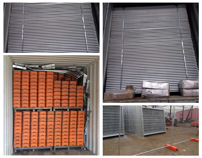 Temporary fence panel, feet, brace and clips loaded in container