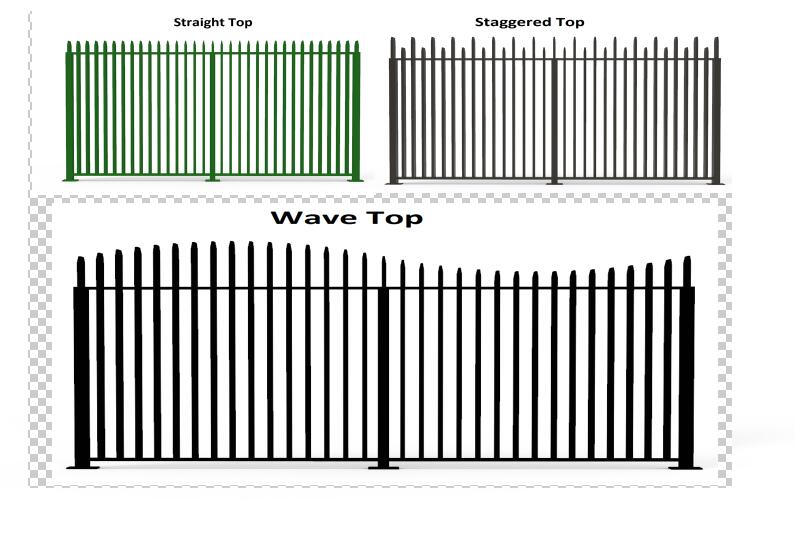 straight, staggered and wave type drawing of steel picket fence