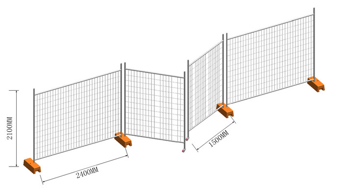 temporary fence panel, feet, clamps and gate installed drawing